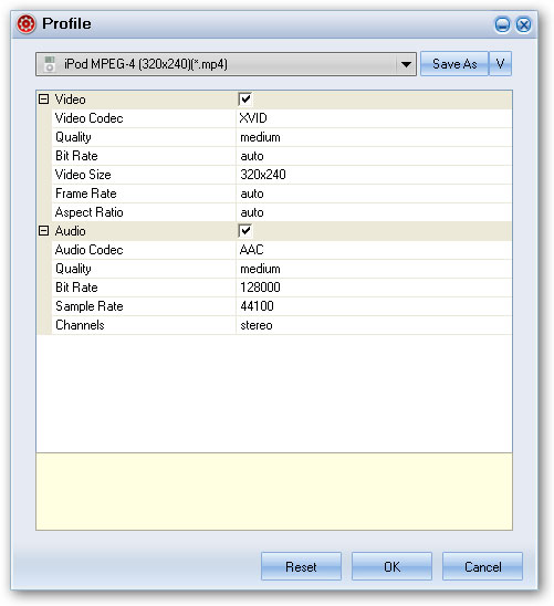 audio and video settings - swf to ipod converter