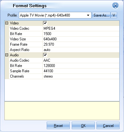 Audio and video setting - Moyea SWF to Apple TV Converter