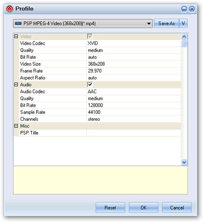 audio and video settings - flash to psp converter
